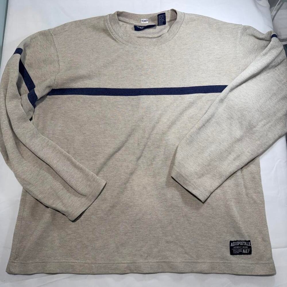 Aeropostale Sweater Mens XL Beige Navy Stripe A87 Crewneck Y2K